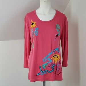 Indigo Moon Pink Women's Top with Floral Design Scoop Neck and 3/4 Sleeve, Sz M